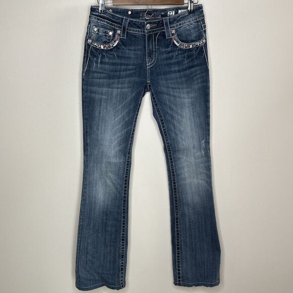 Miss Me Jeans Mid Rise Boot Embellished Pockets Southwest Distressed 27/34 - Picture 2 of 13